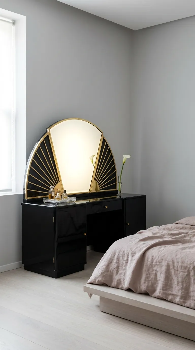 Editorial bedroom photograph of an authentic art deco vanity with a curved fan-shaped mirror, sunburst brass detailing, and glossy black lacquered wood, positioned in the corner of an otherwise minimalist bedroom with a low platform bed in muted blush linen bedding. The vanity holds a small crystal perfume tray and a single stem in a slim glass vase. Walls are soft dove gray, floor is pale ash wood. Lighting is soft and diffused from a nearby window, emphasizing the mirror's brass sunburst pattern with subtle reflected glow. Shot at a three-quarter angle, high-end interior photography style, no people, no text overlays.