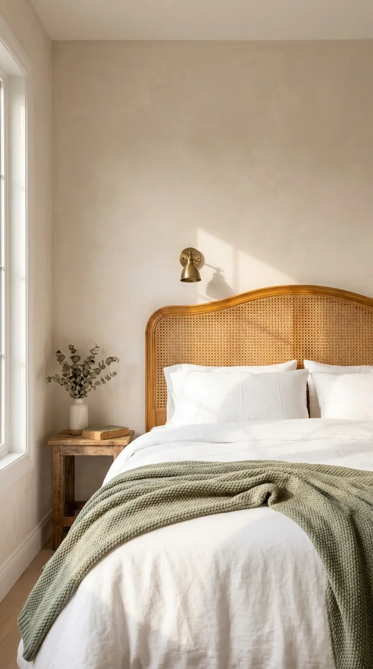 Editorial interior photograph of an antique French-style curved cane headboard with a honey-toned wood frame and hand-woven cane webbing, paired with crisp white modern bedding and a single sage green knit throw draped at an angle. The wall behind is a soft warm plaster tone, and a small brass reading sconce is mounted just above the headboard's curve. Morning light filters in softly from the left, highlighting the texture of the cane weave against the smooth linen bedding. Shot straight-on at eye level, airy and romantic but restrained styling, no people, no text overlays.