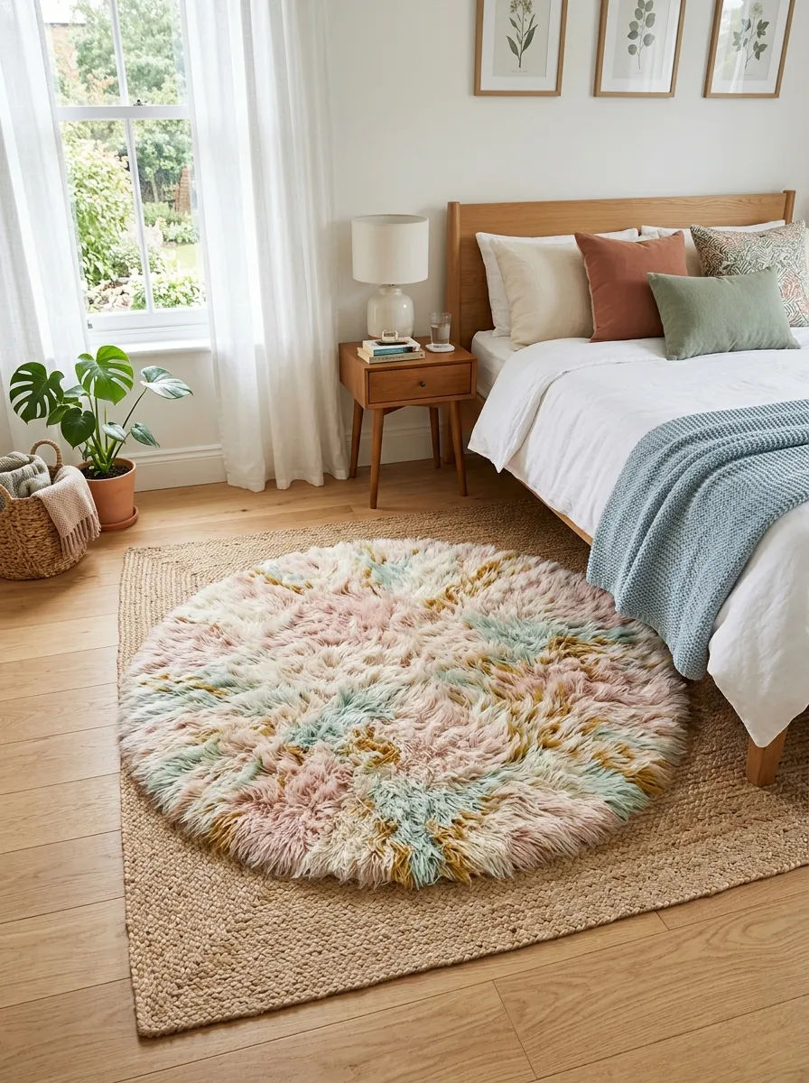 Real-life photo of a bedroom floor with a round fluffy pastel rug layered over a flat woven base near a neatly made bed, bright natural light, clean and organized room, beautifully arranged cozy textures, vibrant soft colors, stock photography style, no people, Pinterest-ready aesthetic.