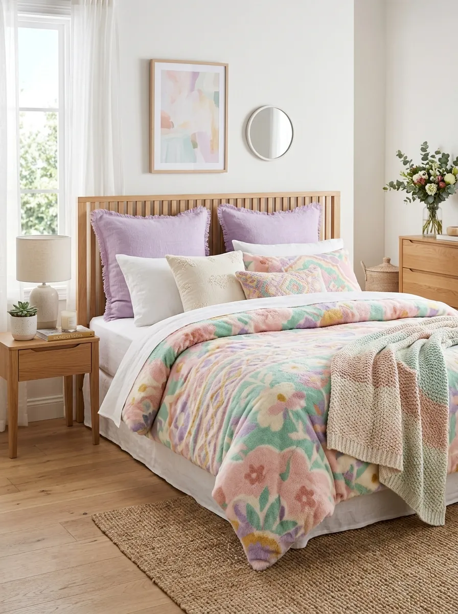 Real-life photo of a neatly made bed layered with a fluffy pastel duvet, euro shams, lumbar pillows, and a soft knit throw blanket in mixed textures, bright natural light, clean and organized bedroom styling, beautifully arranged bedding layers, vibrant pastel tones, stock photography style, no people, Pinterest-ready aesthetic.