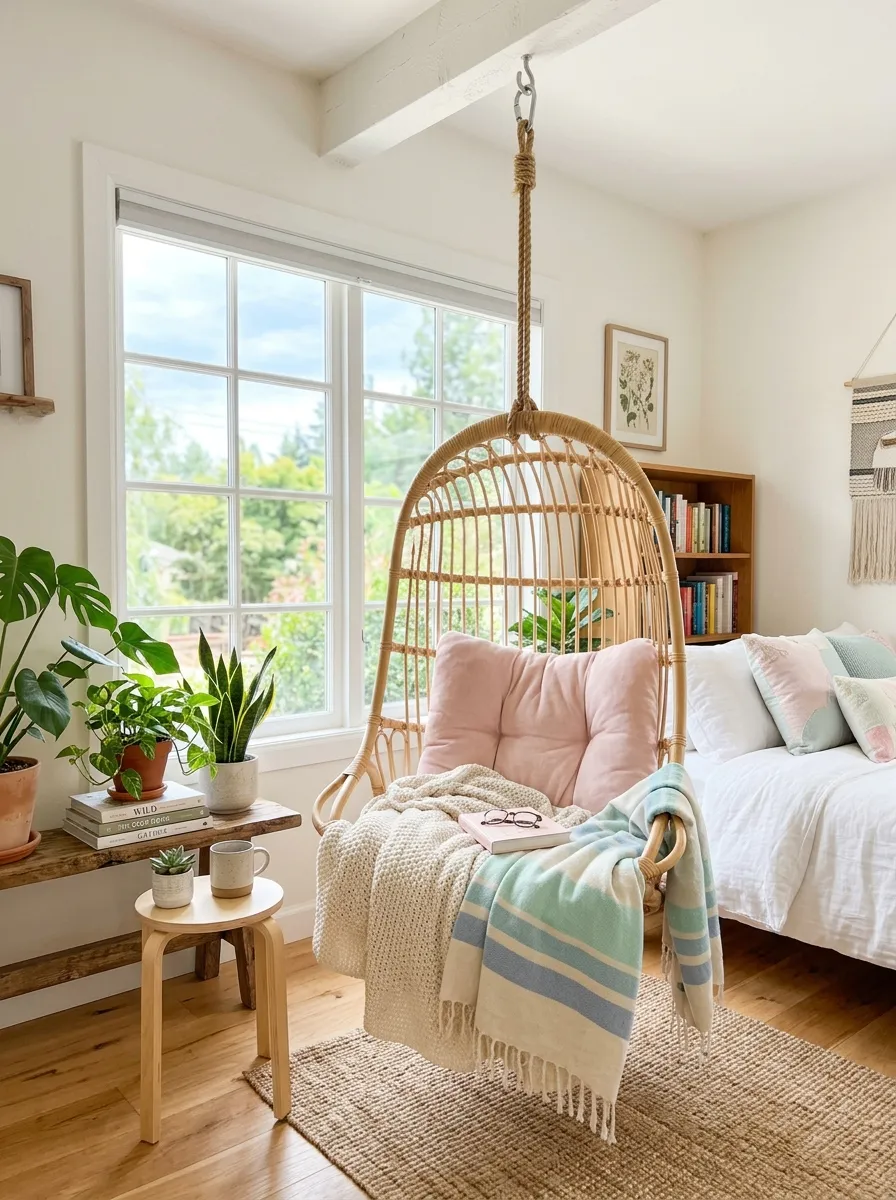 Real-life photo of a hanging rattan swing chair with a pastel cushion and blanket near a bedroom window, bright natural light, clean and organized room, beautifully arranged cozy reading corner, vibrant soft colors, stock photography style, no people, Pinterest-ready aesthetic.