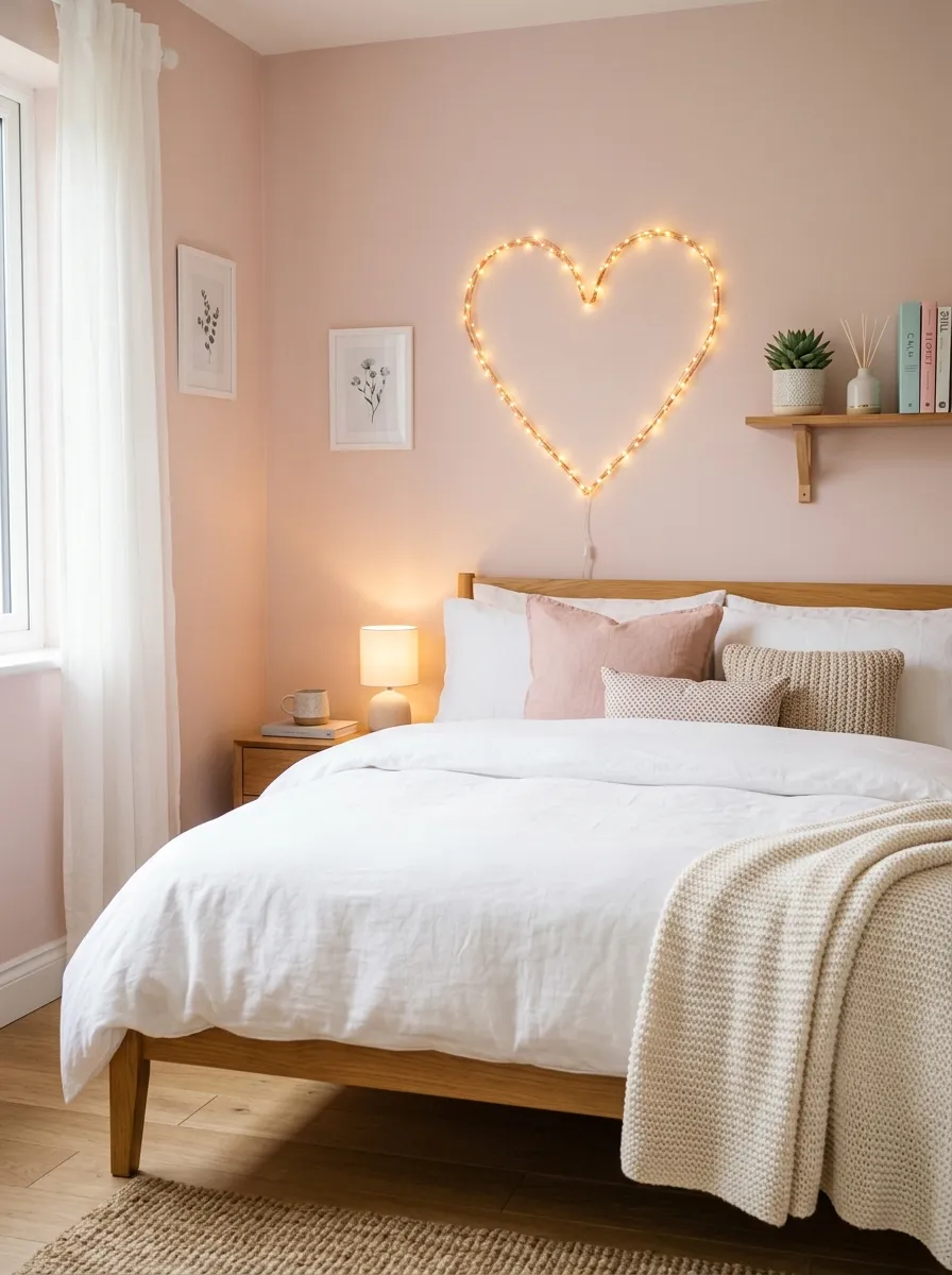 Real-life photo of a bedroom wall with warm fairy lights shaped into a heart above a neatly made bed, bright natural light mixed with soft glowing string lights, clean and organized styling, beautifully arranged, vibrant pastel room tones, stock photography style, no people, Pinterest-ready aesthetic.