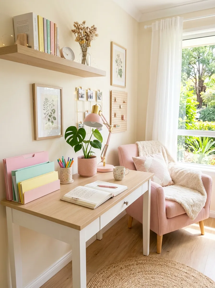 Real-life photo of a small pastel desk corner in a bedroom with a cushioned chair, desk lamp, potted plant, and neatly organized pastel desk organizers, bright natural light, clean and organized styling, beautifully arranged study space, vibrant pastel colors, stock photography style, no people, Pinterest-ready aesthetic.