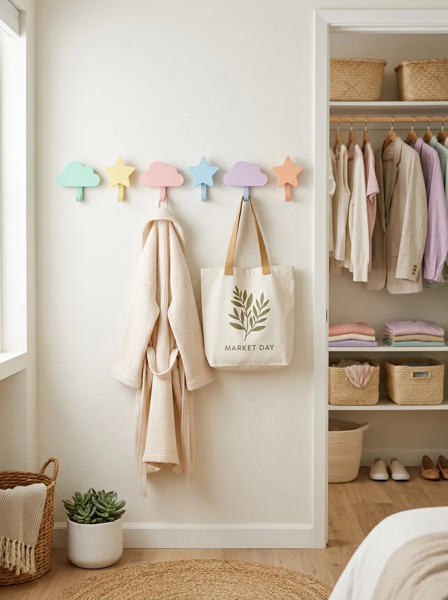 Real-life photo of a row of pastel cloud and star-shaped wall hooks near a bedroom closet neatly holding a robe and tote bag, bright natural light, clean and organized styling, beautifully arranged, vibrant pastel tones, stock photography style, no people, Pinterest-ready aesthetic.