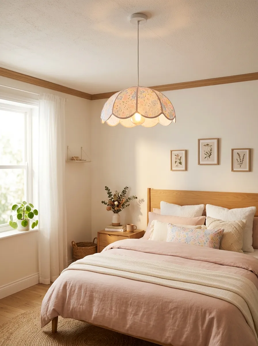 Real-life photo of a bedroom ceiling with a scalloped pastel pendant lampshade casting warm light over a neatly made bed, bright natural light mixed with soft evening glow, clean and organized styling, beautifully arranged room, vibrant pastel tones, stock photography style, no people, Pinterest-ready aesthetic.