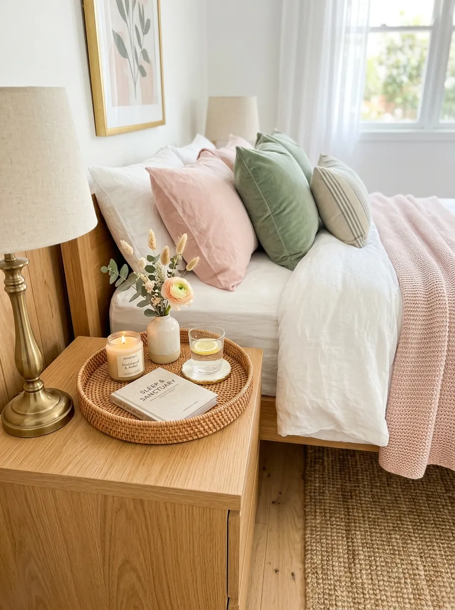 Real-life photo of a bedroom nightstand with a small styled tray holding a candle, mini vase, book, and coaster, neatly arranged beside a made bed, bright natural light, clean and organized styling, beautifully arranged details, vibrant pastel tones, stock photography style, no people, Pinterest-ready aesthetic.
