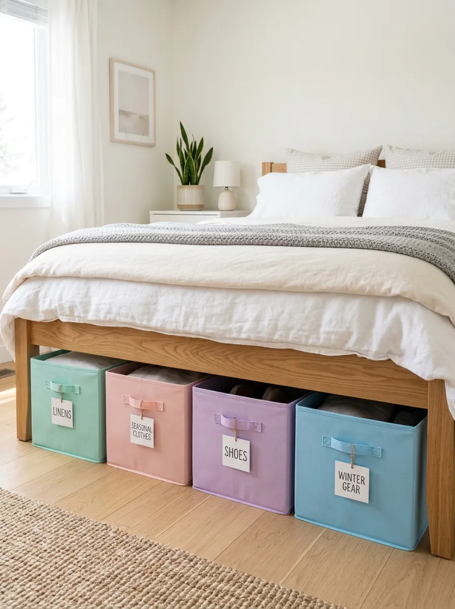 Real-life photo of pastel fabric storage bins neatly tucked under a bed in a bedroom, labeled and organized, bright natural light, clean and tidy styling, beautifully arranged, vibrant soft colors, stock photography style, no people, Pinterest-ready aesthetic.