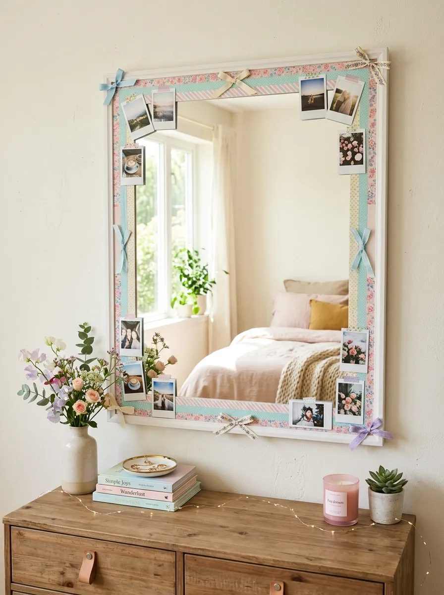 Real-life photo of a bedroom mirror framed with a decorative pastel washi tape and ribbon border with small photos tucked into the corners, bright natural light, clean and organized styling, beautifully arranged personal details, vibrant pastel tones, stock photography style, no people, Pinterest-ready aesthetic.