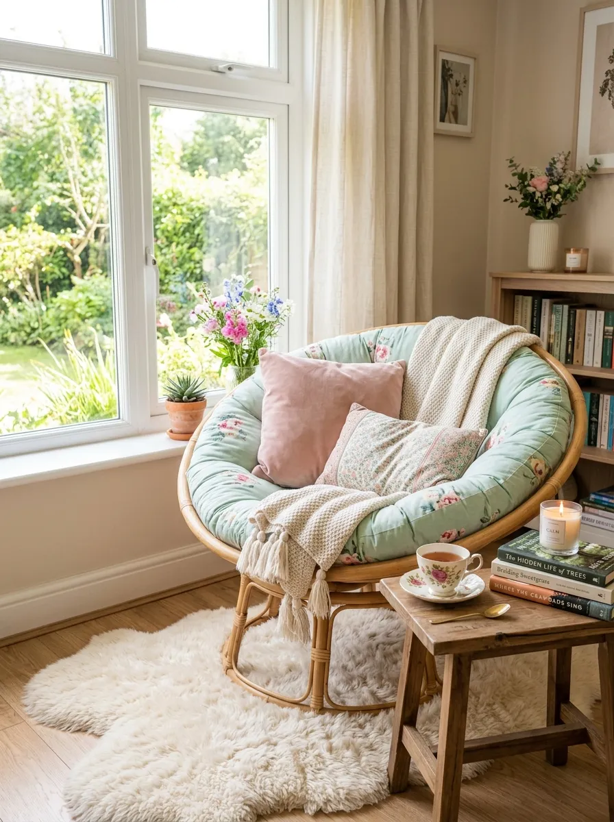 Real-life photo of a cute reading nook by a window with a round pastel papasan chair, soft faux-fur rug, small stack of books, tiny wooden side table with a teacup, bright natural light, neatly styled and organized, beautifully arranged cushions, clean aesthetic, vibrant pastel accents, stock photography, no people, Pinterest-ready.