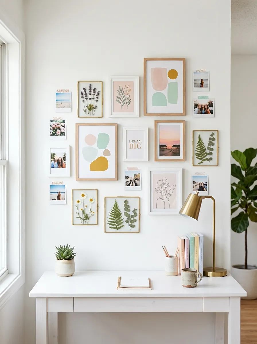 Real-life photograph of a gallery wall above a white desk featuring polaroid photos, pressed flowers in small frames, and pastel art prints arranged in a soft cloud layout, thin washi tape details, bright natural light, clean and organized wall styling, beautifully arranged, vibrant colors popping against a white wall, stock photo style, no people, Pinterest aesthetic.