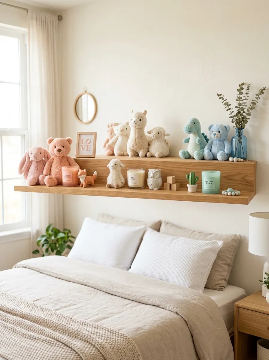 Real-life photo of a floating wooden shelf in a bedroom neatly displaying pastel plush stuffed animals, small candles, and cute trinkets grouped by color, bright natural light, clean and organized styling, beautifully arranged boutique-like display, vibrant soft colors, stock photography, no people, Pinterest-ready aesthetic.