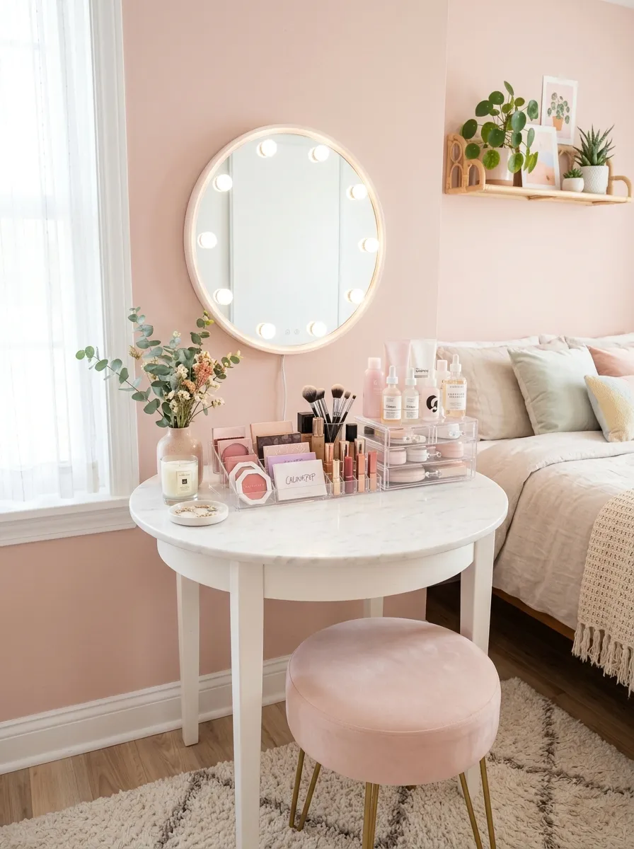 Real-life photo of a small pastel vanity corner in a bedroom with a round table, a light-up mirror, a cushioned stool, and clear acrylic trays neatly organizing makeup and skincare products, bright natural light, clean and organized styling, beautifully arranged, vibrant pastel tones, stock photography style, no people, Pinterest-ready aesthetic.