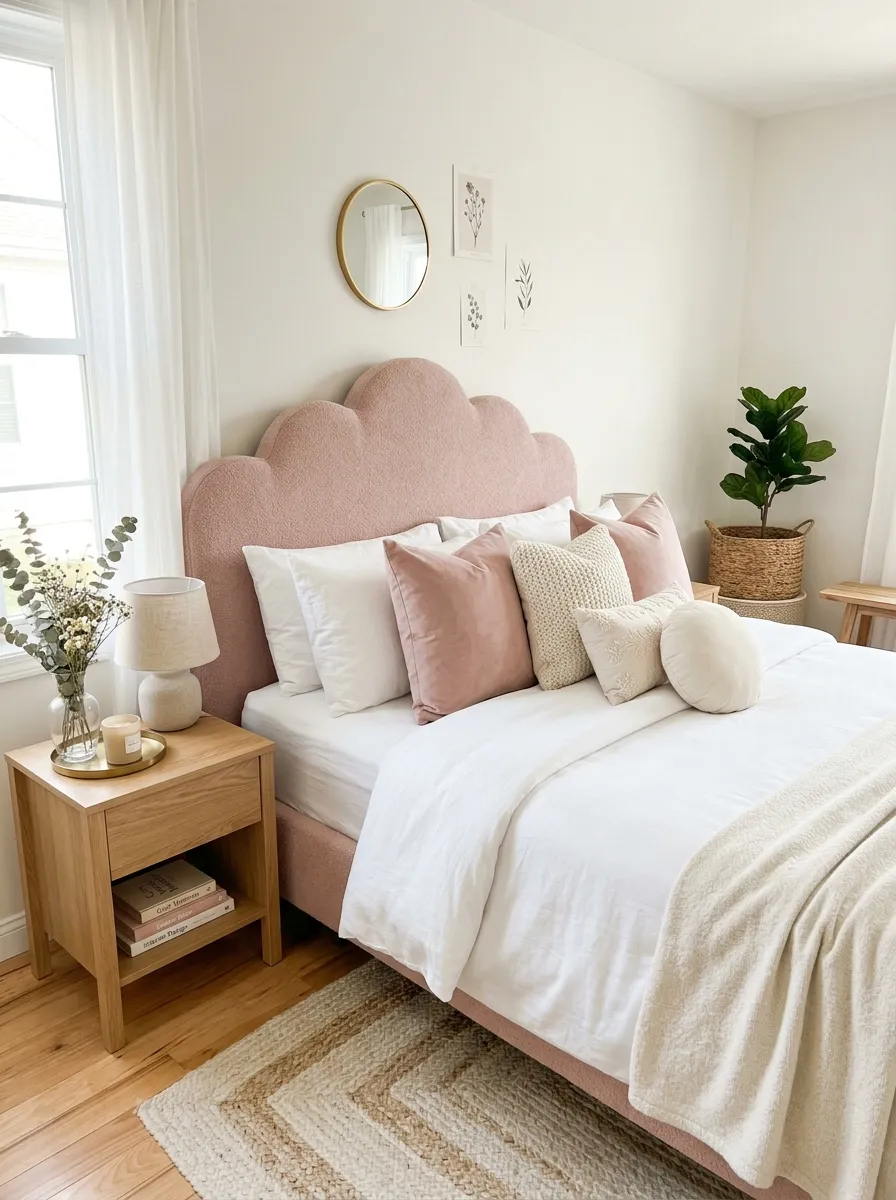 Real-life photograph of a neatly made bed with a plush cloud-shaped scalloped headboard upholstered in dusty pink fabric, matching pastel pillows arranged on top, bright natural light, clean and organized bedroom styling, beautifully arranged textures, vibrant soft colors, stock photo style, no people, Pinterest-ready.