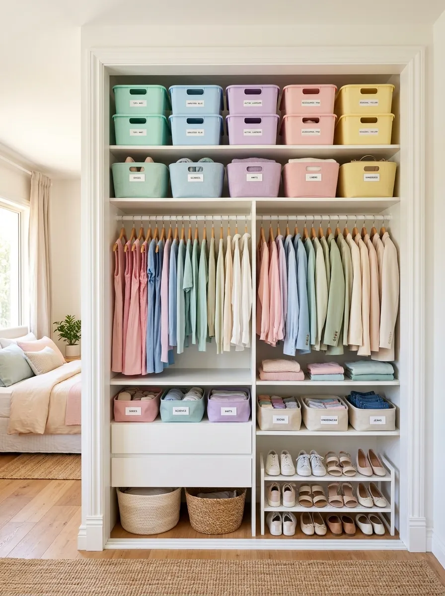 Real-life photo of an open closet in a bedroom with color-coded pastel storage bins and baskets neatly labeled and organized on shelves, bright natural light, clean and tidy styling, beautifully arranged by color, vibrant pastel palette, stock photography style, no people, Pinterest-ready aesthetic.