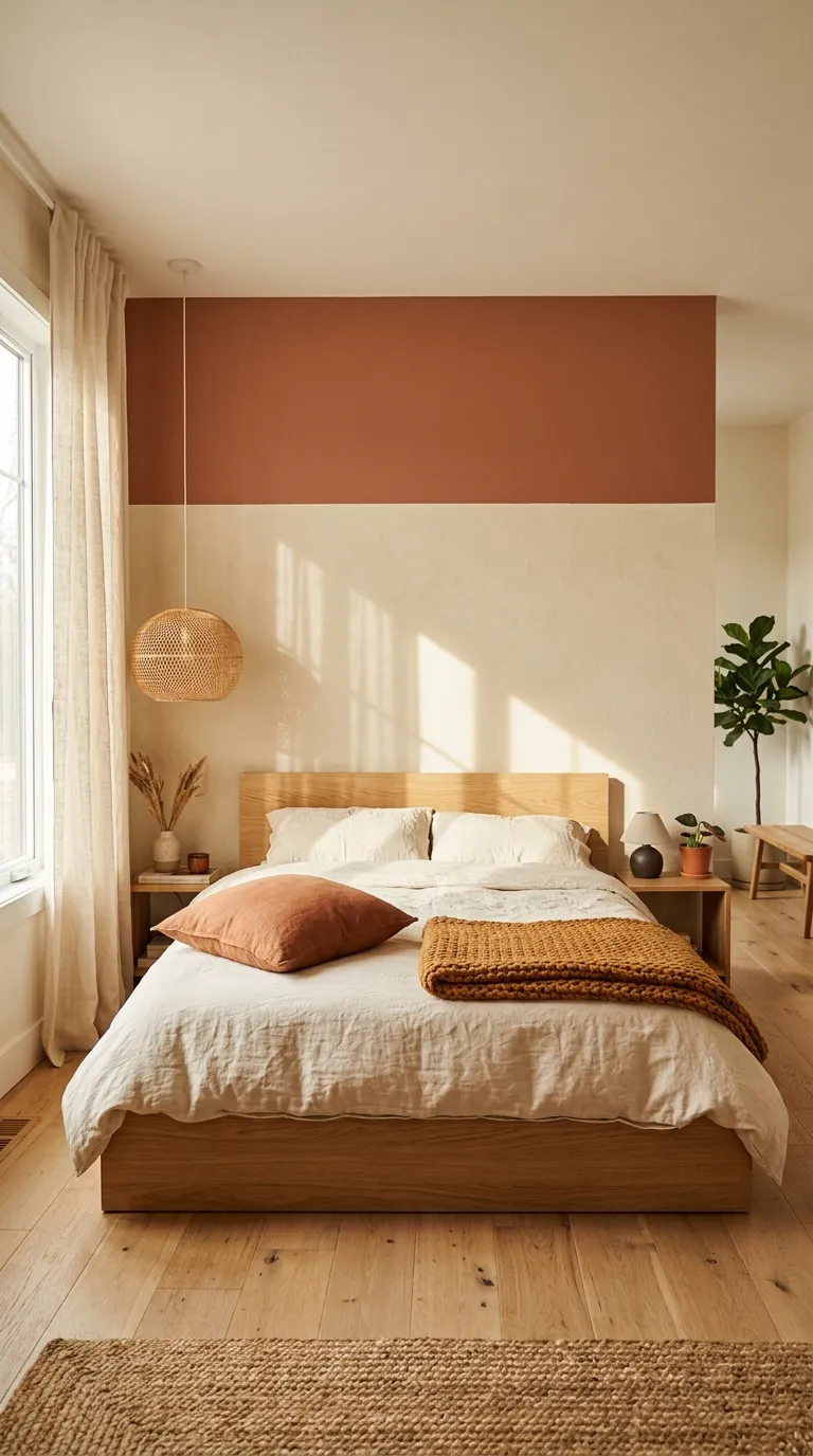 Editorial interior photograph of a modern bedroom featuring a color-blocked accent wall painted in matte terracotta on the bottom two-thirds and warm cream on top, divided by a soft horizontal line at headboard height. A low platform bed with cream linen bedding sits against the wall, dressed with a single rust-colored throw pillow and a knit ochre blanket folded at the foot. Morning sunlight streams through a sheer linen curtain on the left, casting soft diagonal shadows across the wall. A round rattan pendant light hangs low over one nightstand. Shot on a 35mm lens, warm natural color grading, shallow depth of field, no text or people, high-end residential photography style.