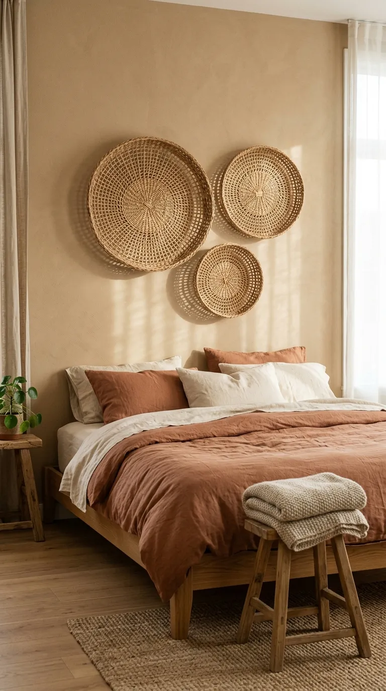Editorial photograph of a bedroom wall styled with an arrangement of three woven rattan discs of varying sizes, mounted in an organic asymmetrical cluster above a low bed frame. The wall behind them is painted in warm sand tone, and the bed below is dressed in clay and cream linen bedding. Natural light casts soft shadows through the open weave of the rattan discs, creating a delicate pattern on the wall. A small wooden stool sits at the foot of the bed holding a folded knit throw. Shot in a warm, textural editorial style emphasizing craft and natural materials, no people, no text overlays.