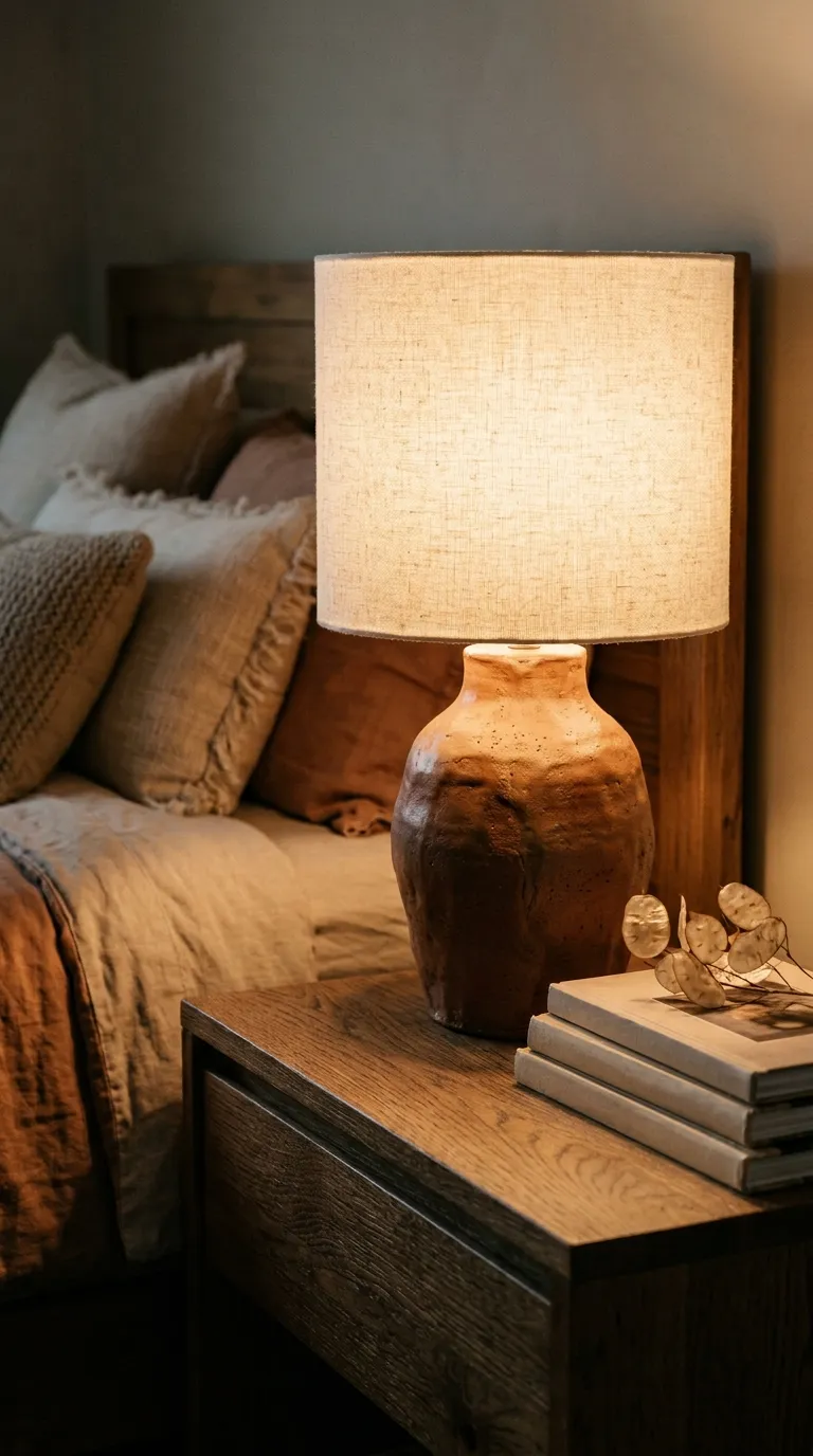 Close-up editorial photograph of a nightstand styled with a sculptural ceramic table lamp featuring an organic, hand-formed base in warm terracotta glaze and a soft linen drum shade in cream. The lamp casts a warm ambient glow across the nightstand's wood surface. In the background, softly blurred, is a bed dressed in clay and sand-toned linens. A small stack of books and a single dried seed pod sit beside the lamp. Shot in low warm evening light, emphasizing the ceramic's tactile, handmade texture. No people, no text overlays, high-end product-meets-lifestyle editorial style.