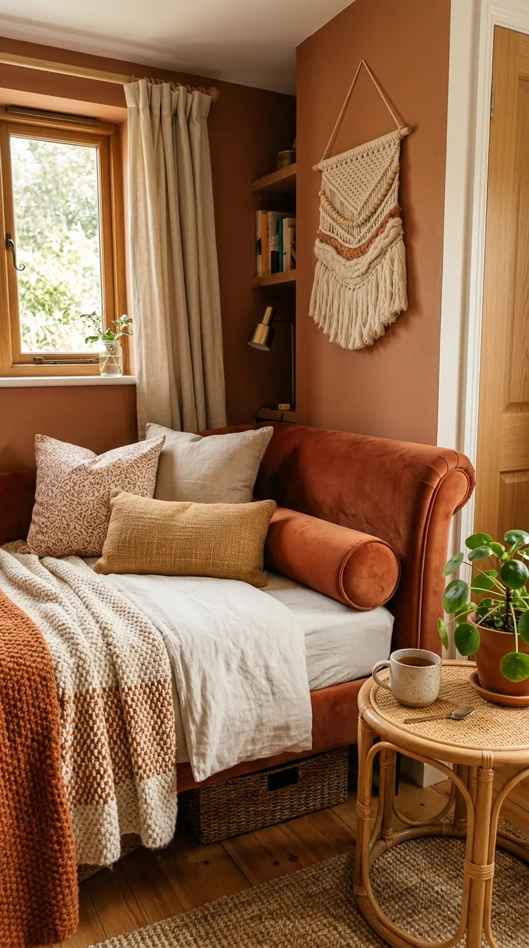 Editorial photograph of a compact bedroom corner transformed into a cozy nook, featuring a daybed with a curved rolled armrest upholstered in warm terracotta velvet, tucked beneath a small window with linen curtains. A round rattan side table sits beside it holding a single mug and a small potted plant. The wall behind is painted in warm clay tone, and a woven wall hanging with soft curved fringe adds texture above the daybed. Natural light spills in from the window, emphasizing the compact but layered styling. Shot in a warm, space-conscious editorial style highlighting smart small-space design, no people, no text overlays.