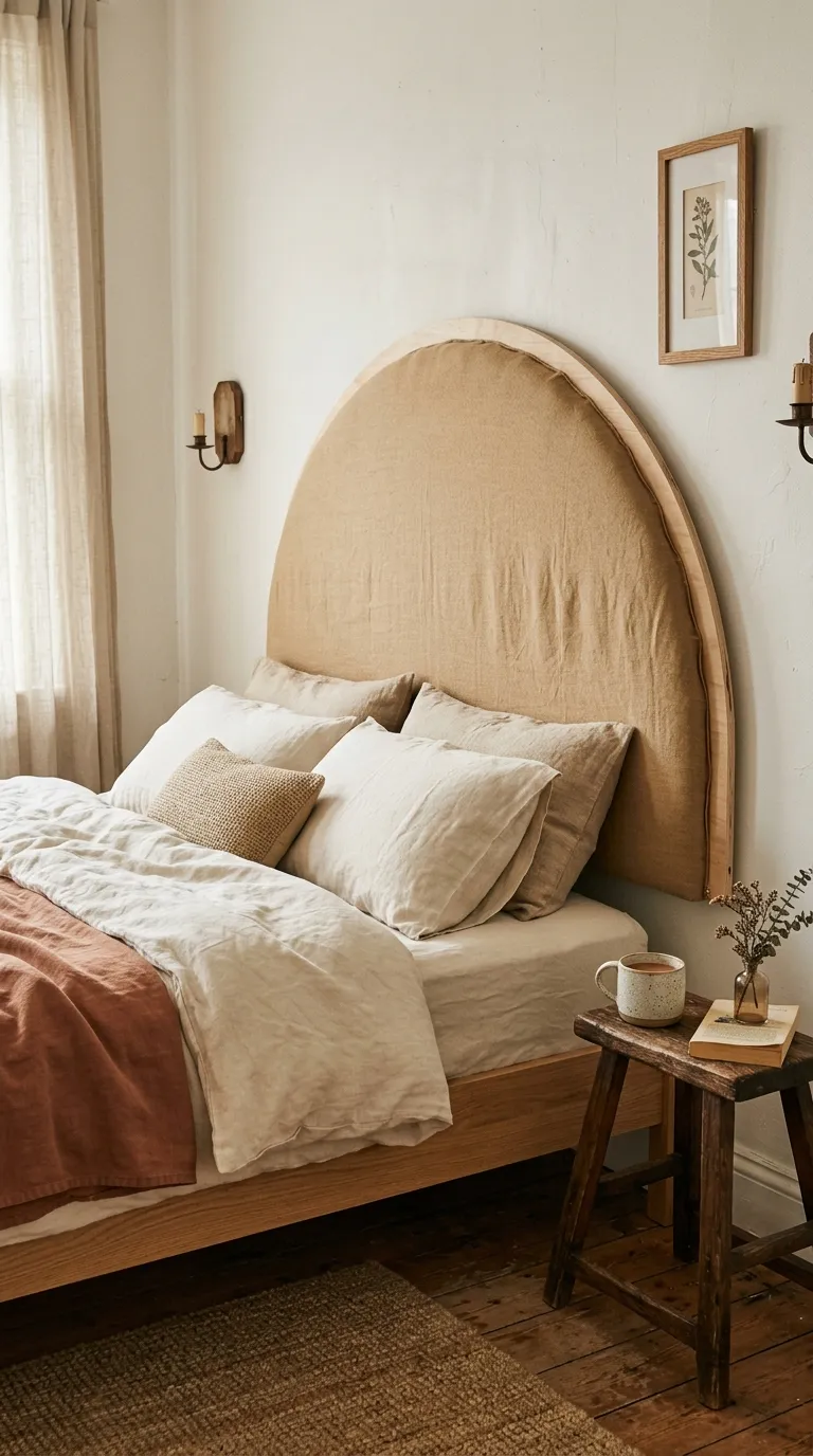 Editorial photograph of a budget-friendly DIY headboard made from a curved plywood frame upholstered in affordable warm sand-colored fabric, mounted directly to the wall above a simple bed frame. The rounded arch shape mimics higher-end designs but with visible simplicity in construction, styled with cream and clay bedding to complete the look. A small thrifted wooden stool sits beside the bed holding a ceramic mug. Soft natural light falls across the headboard's fabric texture. Shot in an approachable, realistic home-project editorial style, no people, no text overlays, slightly more casual lighting than high-end shots.