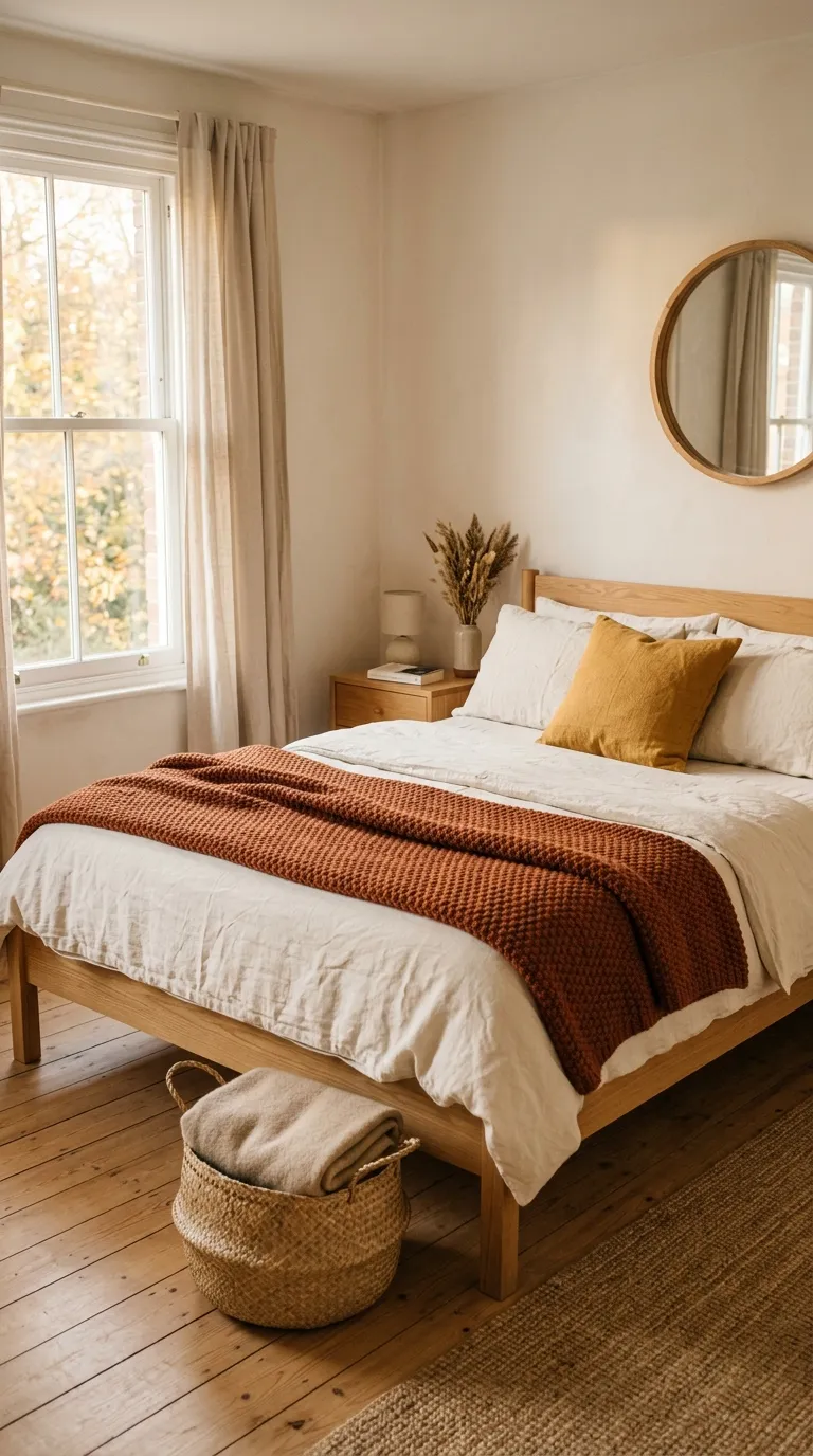 Editorial photograph of a bedroom styled for a seasonal refresh, featuring a simple bed frame dressed in warm layered bedding: a rust-colored knit blanket, cream linen sheets, and a single mustard-toned throw pillow, swapped in to warm up the space for cooler months. A small woven basket at the foot of the bed holds an extra folded blanket for easy seasonal storage. Soft, warm afternoon light comes through a nearby window, casting a cozy glow across the textured layers. The rest of the room stays neutral and uncluttered so the bedding update stands out. Shot in a warm, inviting editorial style, no people, no text overlays.