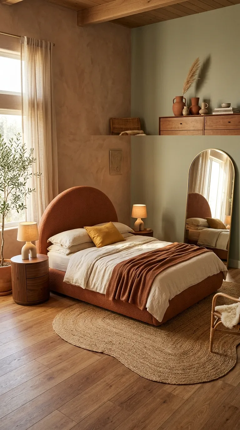 Wide editorial photograph of a modern bedroom that showcases the earth tone and organic shape design trend as a complete, cohesive scene. The room features a curved upholstered bed frame with a rounded, arching headboard in warm terracotta bouclé fabric, positioned against a wall finished in hand-troweled clay-toned plaster. Bedding is layered in cream linen, rust-colored knit throw, and one mustard accent pillow. A pair of rounded drum-shaped walnut nightstands flank the bed, each topped with a small sculptural ceramic lamp casting a warm glow. An oversized arched mirror with a slim brass frame leans against the adjacent sage green wall, reflecting soft natural light. A free-form organic-shaped jute rug sits beside the bed on warm oak flooring, and a cluster of terracotta ceramic vases with a single dried pampas stem rests on a low wooden dresser in the background. Soft golden-hour window light streams in from the left, casting gentle shadows and highlighting the room's varied warm textures. Shot on a 35mm lens with a slightly elevated three-quarter angle to capture the full room composition, warm and inviting color grading, high-end residential editorial photography style, no text, no logos, no watermarks, no people.