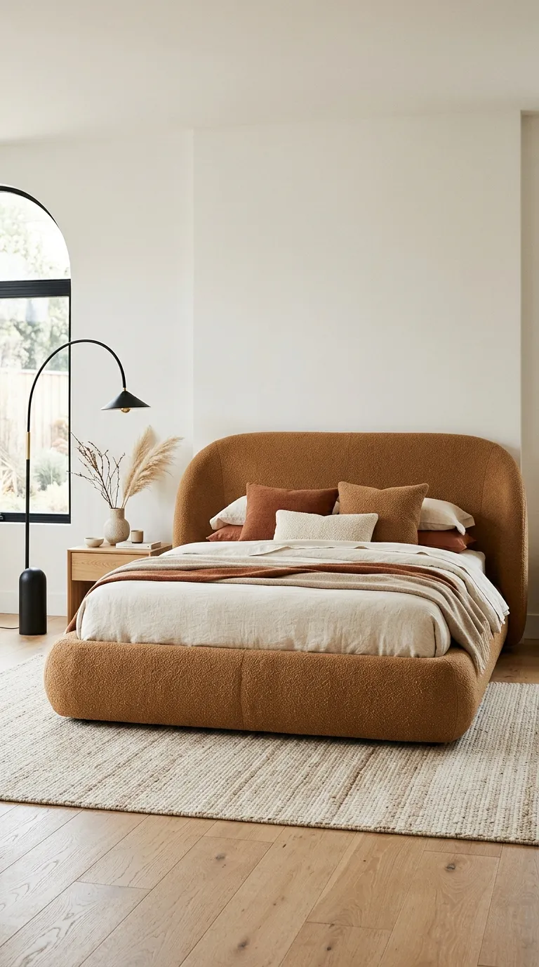Editorial bedroom photograph centered on a fully upholstered bed frame with a rounded, wraparound headboard that curves seamlessly into the side rails, finished in a warm caramel bouclé fabric. The organic, cocoon-like silhouette contrasts with the room's clean rectangular walls painted in soft warm white. Bedding is styled in layered cream and rust tones. A single sculptural floor lamp with a curved arm stands beside the bed. Natural window light falls softly across the fabric texture, highlighting the rounded seams. Shot with a shallow depth of field emphasizing the furniture's silhouette, no people, no text, high-end furniture editorial style.