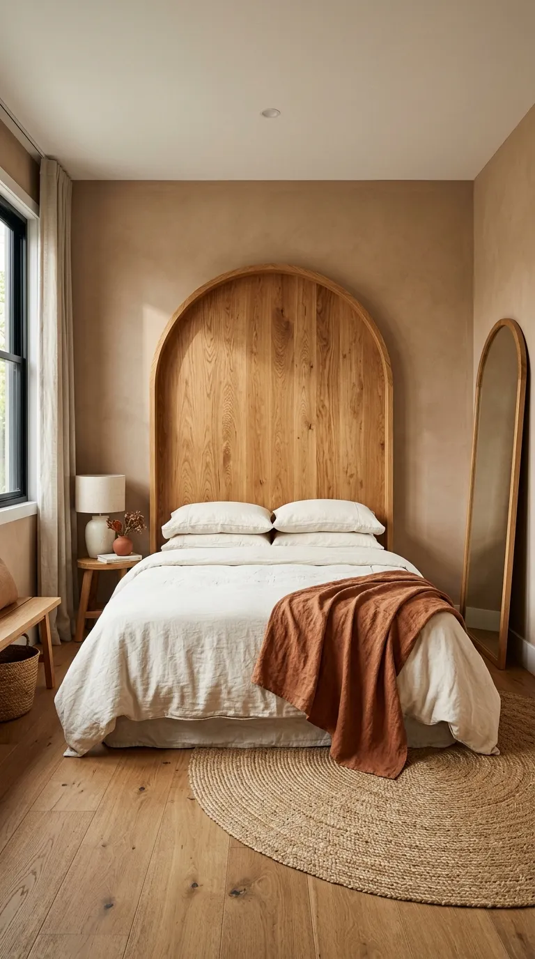 Editorial photo of a modern bedroom featuring a solid oak headboard shaped into a tall, gentle arch that mimics a doorway silhouette, mounted directly against a warm clay-colored wall. The wood grain is visible and warm-toned, finished with a matte natural oil. Bedding is styled in ivory linen with a single terracotta throw draped asymmetrically across one corner. A round woven area rug sits beneath the bed frame, and a slim arched mirror leans against the adjacent wall for visual echo. Soft window light rakes across the wood grain, emphasizing texture and curvature. Photographed in a warm, architectural interior style, no people, no text overlays.