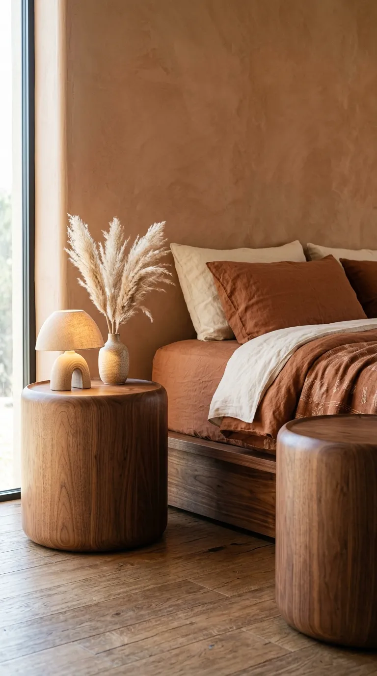 Editorial close-up interior photograph of a pair of cylindrical, drum-shaped nightstands crafted from warm walnut wood, flanking a low platform bed in a bedroom with clay-toned walls. Each nightstand has no sharp edges, just a soft rounded silhouette with a subtle wood-grain texture visible under raking light. A small ceramic lamp with a curved bisque-colored shade sits on one, casting a warm glow. Bedding is styled in rust and cream linen. A woven pampas grass arrangement sits beside the lamp. Shot at a slight low angle to emphasize the furniture's rounded form, warm natural lighting, no people, no text, high-end furniture editorial photography.