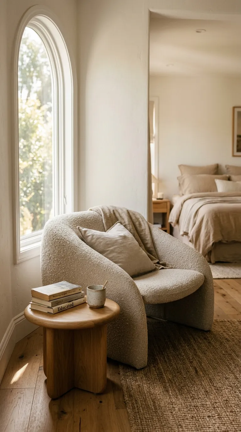 Editorial photograph of a bedroom reading corner featuring a sculptural lounge chair with a continuous curved frame and boucle upholstery in warm oatmeal tone, positioned beside a tall arched window. The chair's organic, almost cocoon-like shape stands out against a plain warm-white wall. A round wooden side table with a soft edge sits beside it, holding a stack of books and a small ceramic cup. Natural daylight pours in from the window, creating soft shadows on the floor. The rest of the bedroom is visible softly out of focus in the background, dressed in sand-toned bedding. Shot in a warm, editorial lifestyle style, no people, no text overlays.