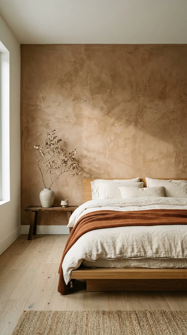 Editorial interior photograph highlighting a hand-troweled Venetian plaster accent wall in warm clay tone, showing visible organic texture and subtle tonal variation across its surface. The wall sits behind a simple low bed dressed in ivory linen bedding with one rust-colored knit throw. Soft side lighting rakes across the plaster to emphasize its handmade, uneven texture. A single dried branch in a stone-colored ceramic vessel sits on a low wooden bench nearby. The rest of the room is kept minimal and uncluttered to keep visual focus on the wall's texture. Shot with warm color grading, no people, no text.