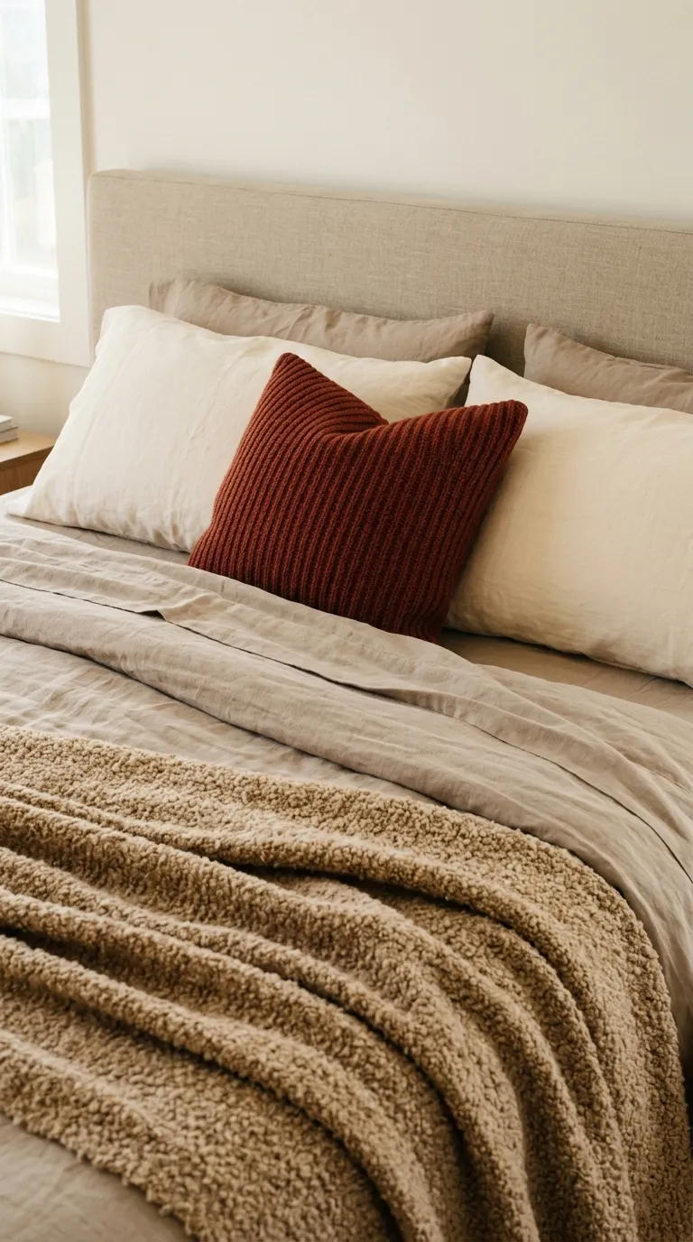Close-up editorial photograph focused on a bed styled with multiple tactile layers: a bouclé textured throw in warm camel tone draped diagonally across the foot, linen sheets in soft putty color, and a ribbed knit cushion in rust red tucked against two oversized cream pillows. The headboard is simple and low, upholstered in a matching neutral linen. Soft morning light falls across the textures, creating gentle shadows that emphasize the tactile contrast between smooth linen and nubby bouclé. Shot from a slightly elevated angle looking down onto the bed, warm and cozy color grading, no people, no text overlays.