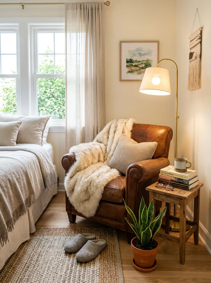 A cozy bedroom corner featuring a worn brown leather armchair with a faux fur throw draped over it, a small wooden side table stacked with paperback books, and a brass floor lamp casting warm bright natural light. The scene is neatly made, beautifully arranged, and organized, shot in real-life photography style with clean, vibrant tones.