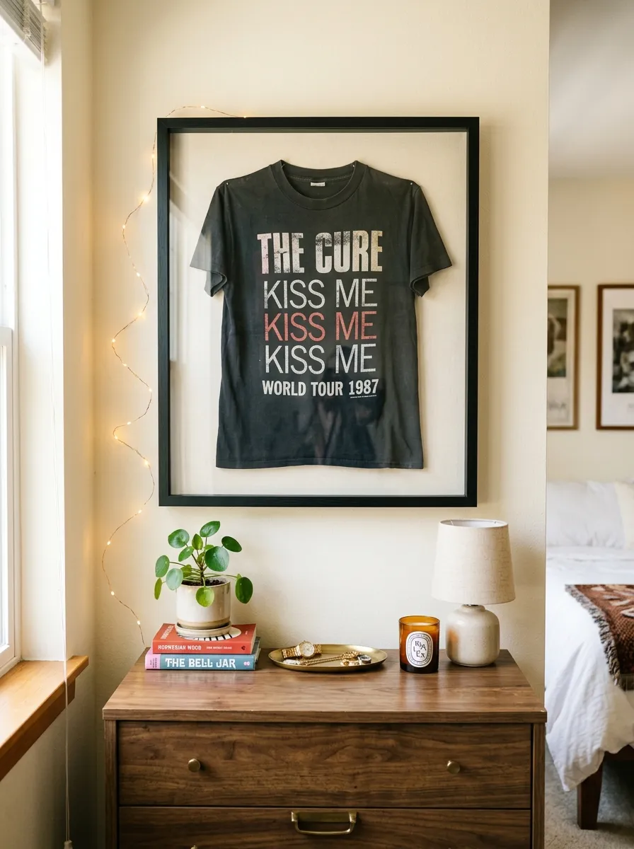 A vintage band t-shirt displayed inside a black shadow box frame above a bedroom dresser, with soft string lights nearby, photographed in bright natural light. The display looks neatly made, beautifully arranged, and organized, captured in real-life photography style with clean, vibrant color tones.