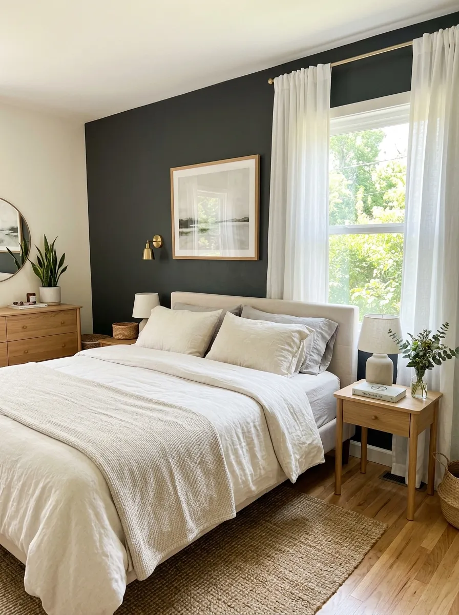 A bedroom with one deep charcoal accent wall behind a neatly made bed with light-colored linen bedding, sheer curtains framing a nearby window, photographed in bright natural light. The room looks beautifully arranged, organized, and clean, shot in real-life photography style with vibrant tones.