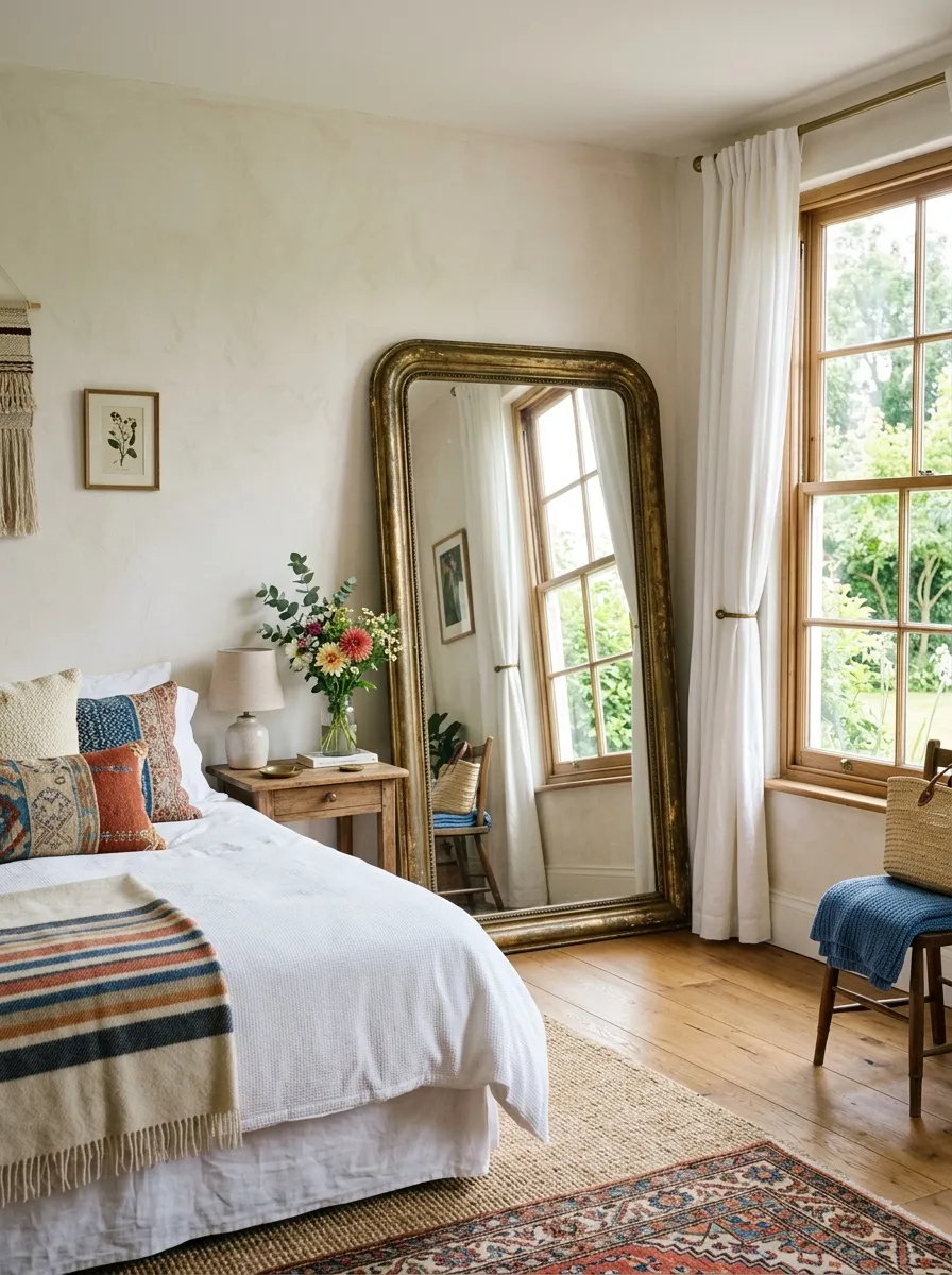 A large vintage mirror with an aged brass frame leaning against a bedroom wall near a window, reflecting bright natural light into the room, photographed in real-life style. The space looks neatly made, beautifully arranged, and organized, with clean, vibrant tones throughout.