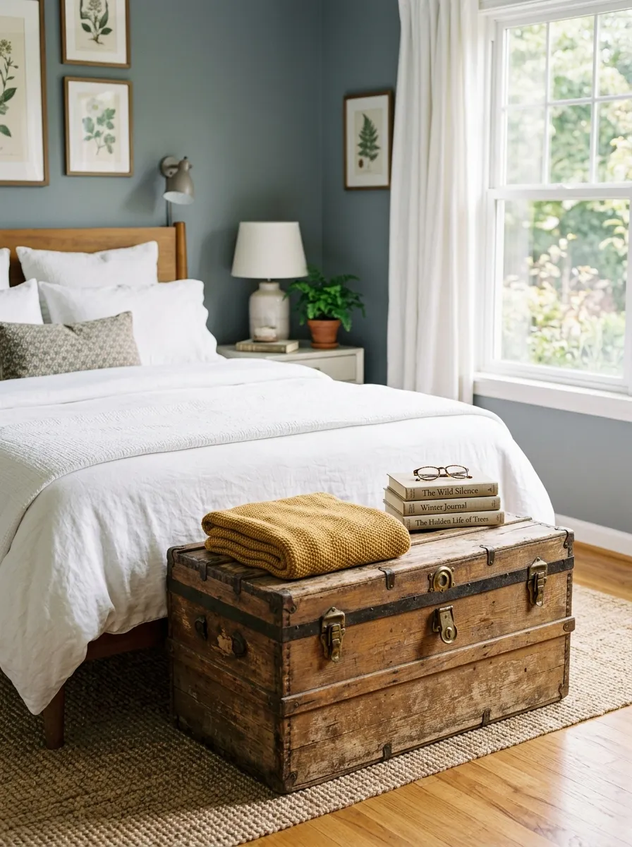 A weathered antique trunk placed at the foot of a neatly made bed, topped with a folded throw blanket and a small stack of books, photographed in bright natural light. The room looks beautifully arranged, organized, and clean, captured in real-life photography style with vibrant, warm tones.