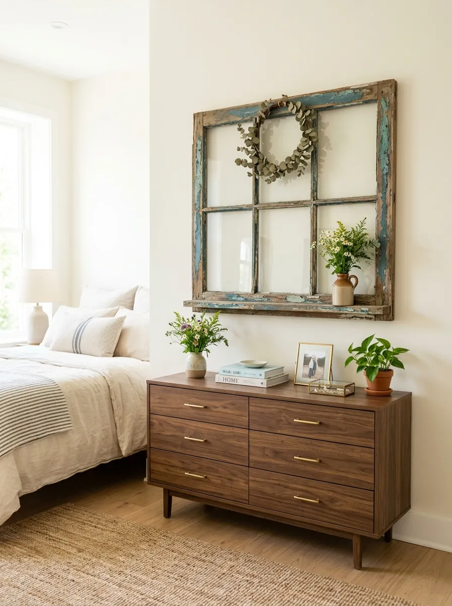 An old salvaged wooden window frame with peeling paint mounted on a bedroom wall above a dresser, photographed in bright natural light. The space looks neatly made, beautifully arranged, and organized, captured in real-life photography style with clean, vibrant tones.