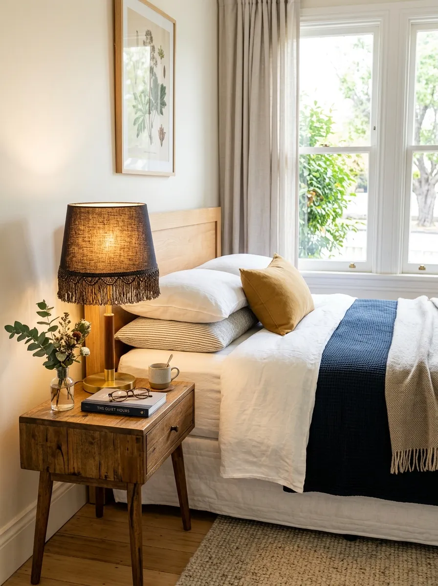 A table lamp with a dark fringe lampshade sitting on a wooden nightstand beside a neatly made bed, casting warm light in a bedroom with bright natural light from a window during daytime. The setup looks beautifully arranged, organized, and clean, captured in real-life photography style with vibrant tones.