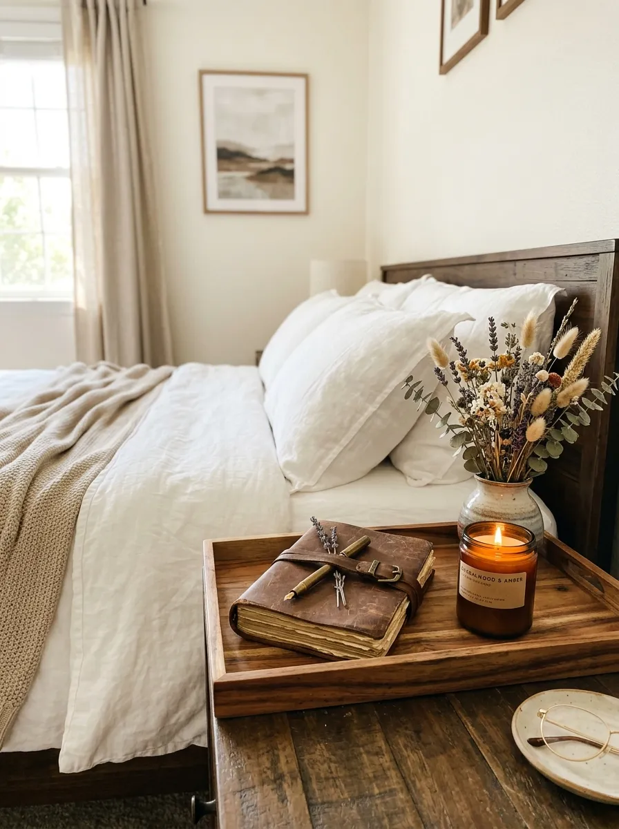 A styled wooden tray on a nightstand holding a distressed leather journal, a lit candle, and dried flowers, beside a neatly made bed, photographed in bright natural light. The scene looks beautifully arranged, organized, and clean, captured in real-life photography style with vibrant, warm tones.