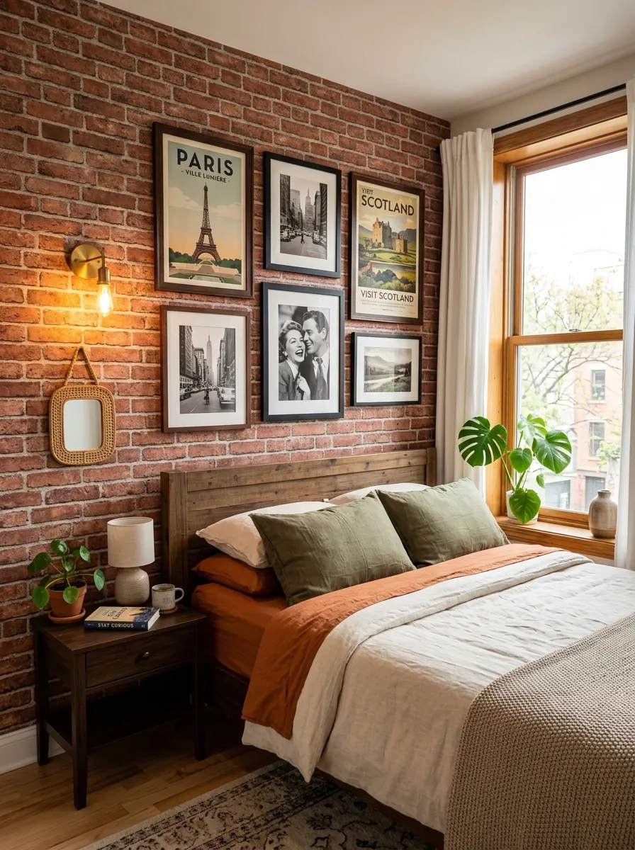 A bedroom wall covered in realistic exposed red brick wallpaper, decorated with a few vintage framed posters and black-and-white photographs, lit by a warm wall sconce with bright natural light coming from a nearby window. The space looks neatly made, beautifully arranged, organized, and clean, captured in real-life photography style with vibrant color tones.