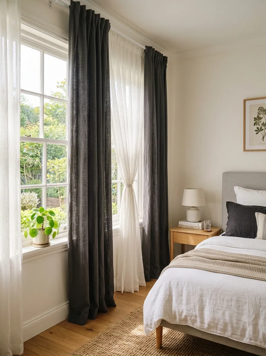 A bedroom window layered with a sheer white curtain behind a heavier charcoal linen curtain, photographed with bright natural light filtering through, in a neatly made and organized room. The scene looks beautifully arranged and clean, captured in real-life photography style with vibrant tones.