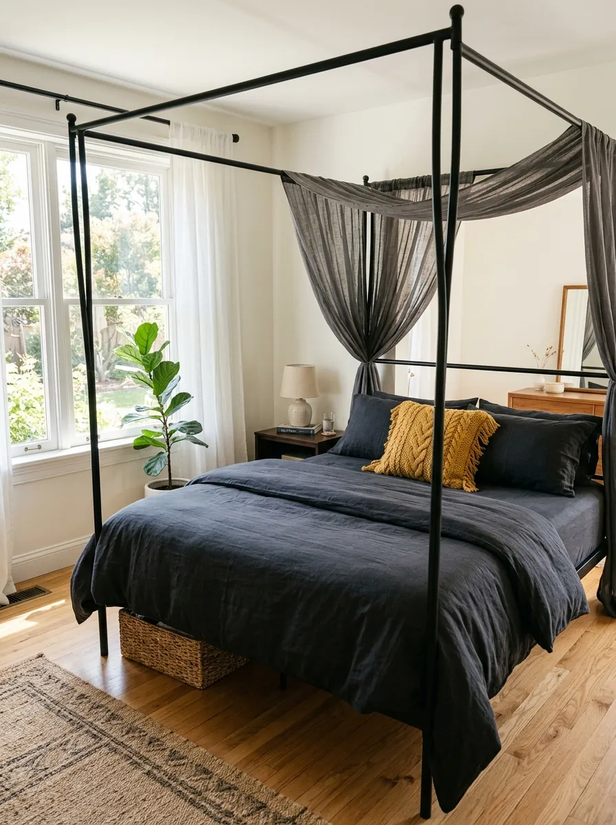 A neatly made bed with a black metal frame draped in sheer charcoal curtains, layered with dark linen bedding and one textured throw pillow, photographed in a bright bedroom with bright natural light streaming through a window. The setting looks beautifully arranged, organized, and clean, in real-life photography style with vibrant, rich tones.