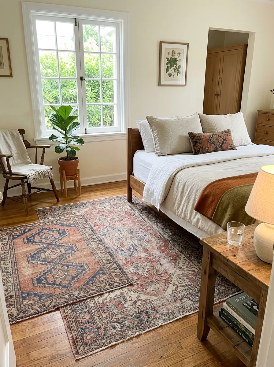 Two mismatched faded vintage rugs layered on top of each other beside a neatly made bed, in warm muted tones, photographed in bright natural light from a nearby window. The room looks organized, beautifully arranged, and clean, shot in real-life photography style with vibrant natural colors.