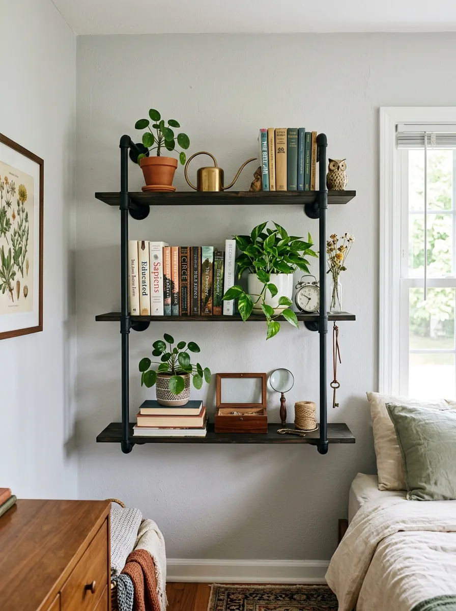 Black industrial pipe shelves mounted on a bedroom wall, styled with small potted plants, stacked books, and vintage trinkets, photographed in bright natural light from a nearby window. The shelves look neatly made, beautifully arranged, and organized, captured in real-life photography style with clean, vibrant tones.