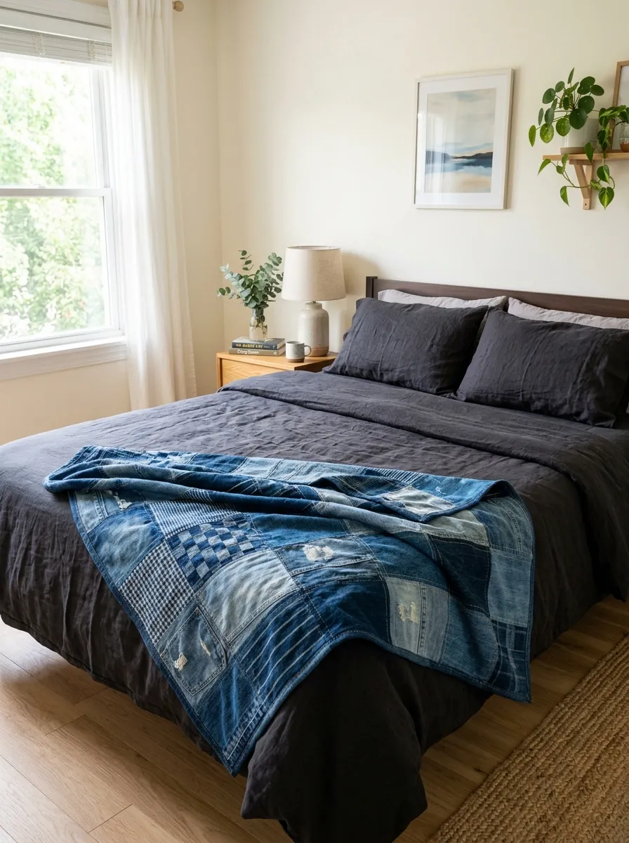 A patchwork denim throw blanket draped across the foot of a neatly made bed with dark linen sheets, photographed in a bright bedroom with bright natural light. The scene looks beautifully arranged, organized, and clean, shot in real-life photography style with vibrant, rich color tones.