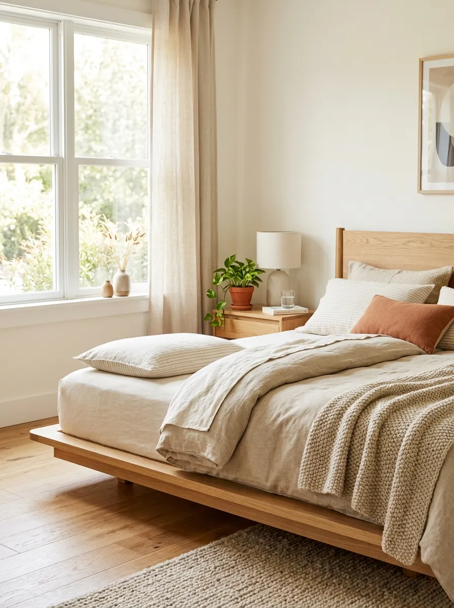 Image prompt: A neatly made low platform bed with natural light wood frame, soft neutral linen bedding beautifully arranged, minimalist bedroom, bright natural light streaming through a nearby window, clean organized real-life bedroom setting, warm and cozy atmosphere, photographed in realistic stock-photo style, vibrant natural color tones.