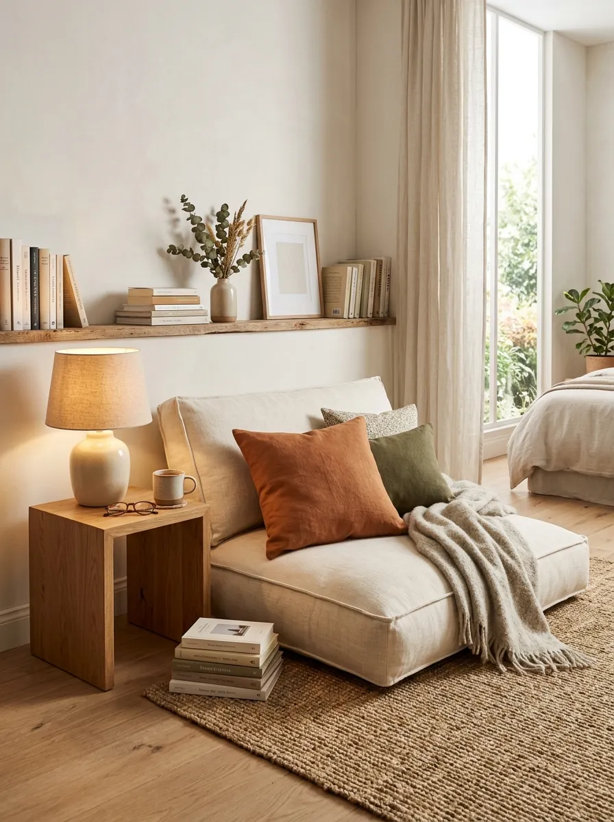 Image prompt: A real-life bedroom corner reading nook with a low floor cushion, small wood side table, and warm lamp, neatly arranged books stacked nearby, bright natural light, clean organized Japandi bedroom setting, vibrant cozy tones, realistic stock photography style.
