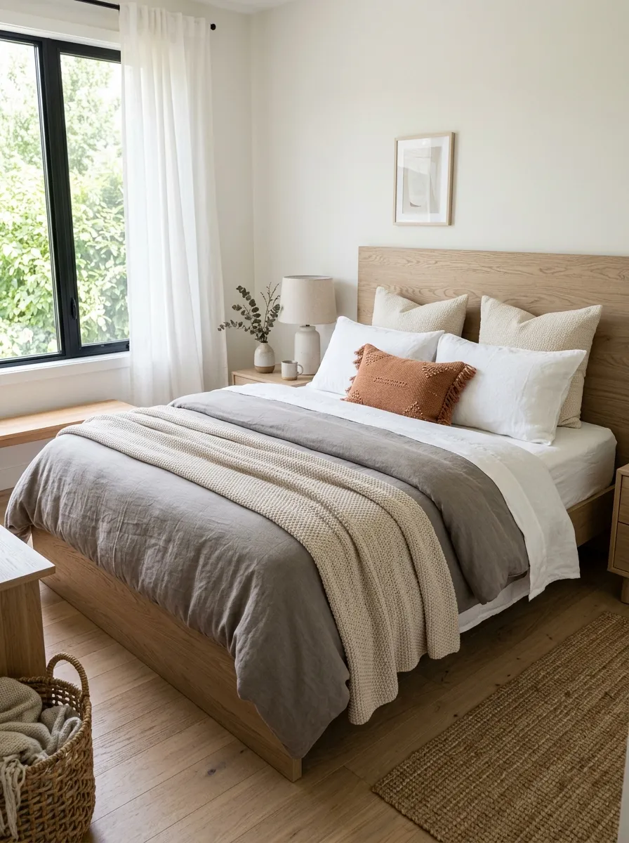 Image prompt: A neatly made bed in a real-life Japandi bedroom with layered linen and cotton textures, heavier duvet paired with a lighter throw and textured cushion, bright natural light, clean organized room, beautifully arranged neutral tones, vibrant soft color palette, realistic stock photography style.