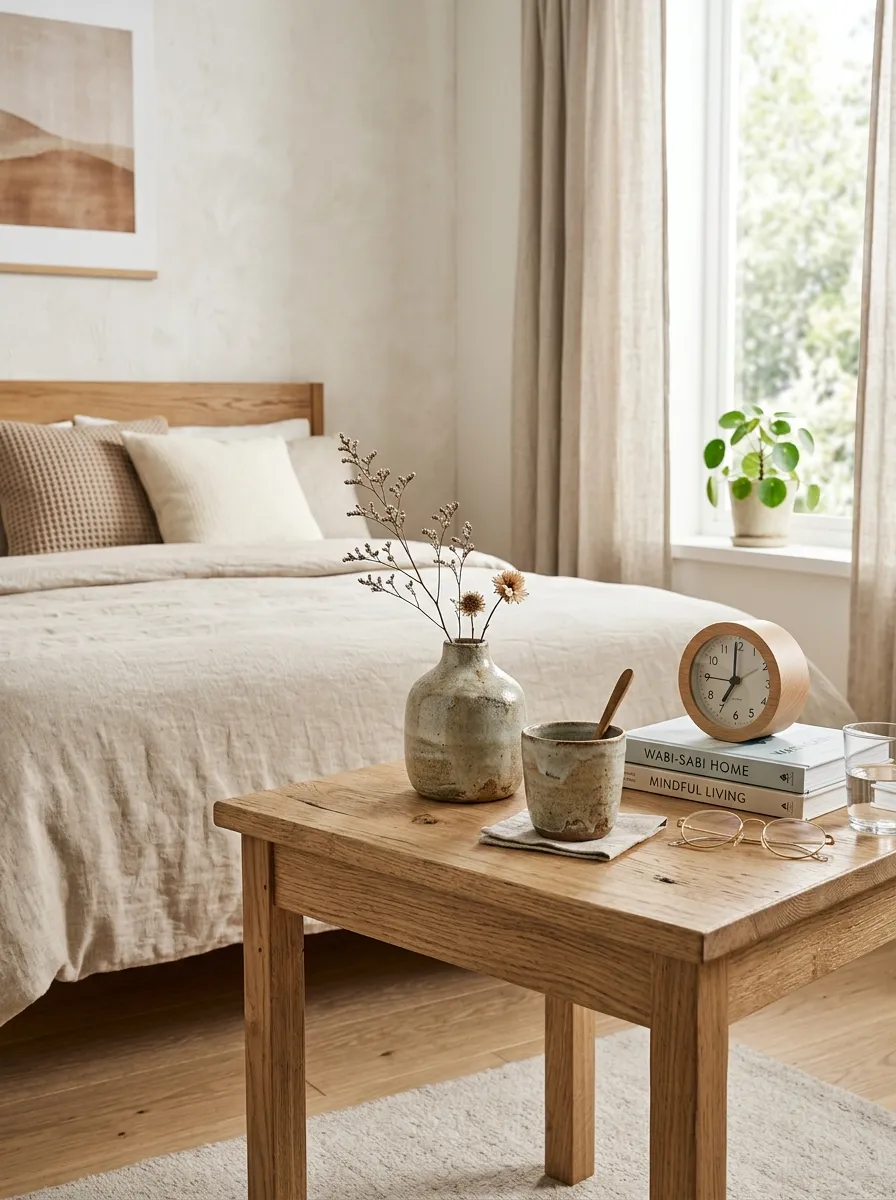 Image prompt: A real-life bedroom nightstand with handmade wabi-sabi ceramic vase and cup, neatly arranged, earthy muted glaze tones, bright natural light, clean organized Japandi bedroom background, beautifully styled, vibrant warm natural colors, realistic stock photo style.