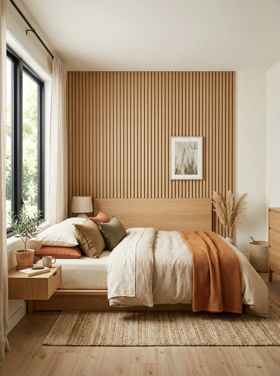 Image prompt: A real-life Japandi bedroom with a vertical wood slat accent wall behind a neatly made low bed, light oak tones, bright natural light, clean organized minimalist space, beautifully arranged soft bedding, vibrant warm natural colors, realistic stock photography style.